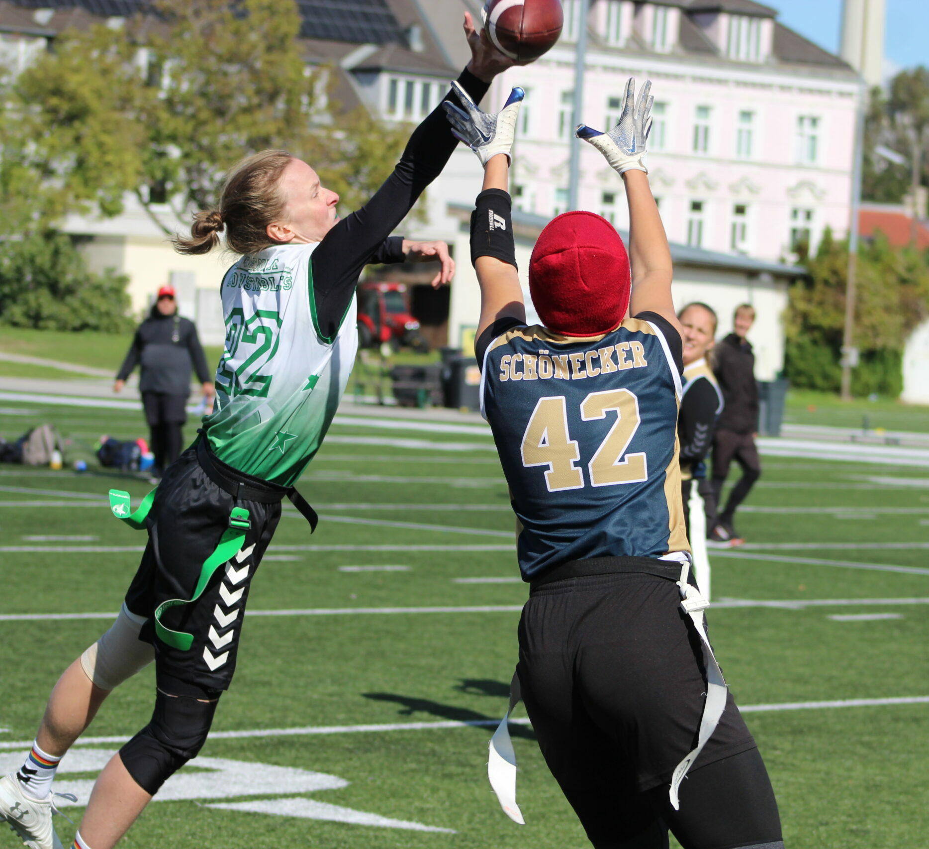 DB Caro jumping to deflect a ball headed to the opponent receiver